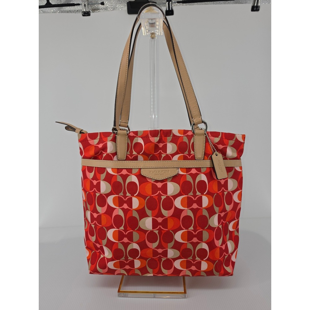 Coach Red Orange Signature Nylon Tote Bag Leather Trim Shoulder Bag